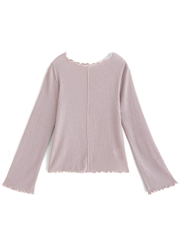 日本 GRL - 撞色木耳捲邊皺縮長袖上衣-黑x白 (F)