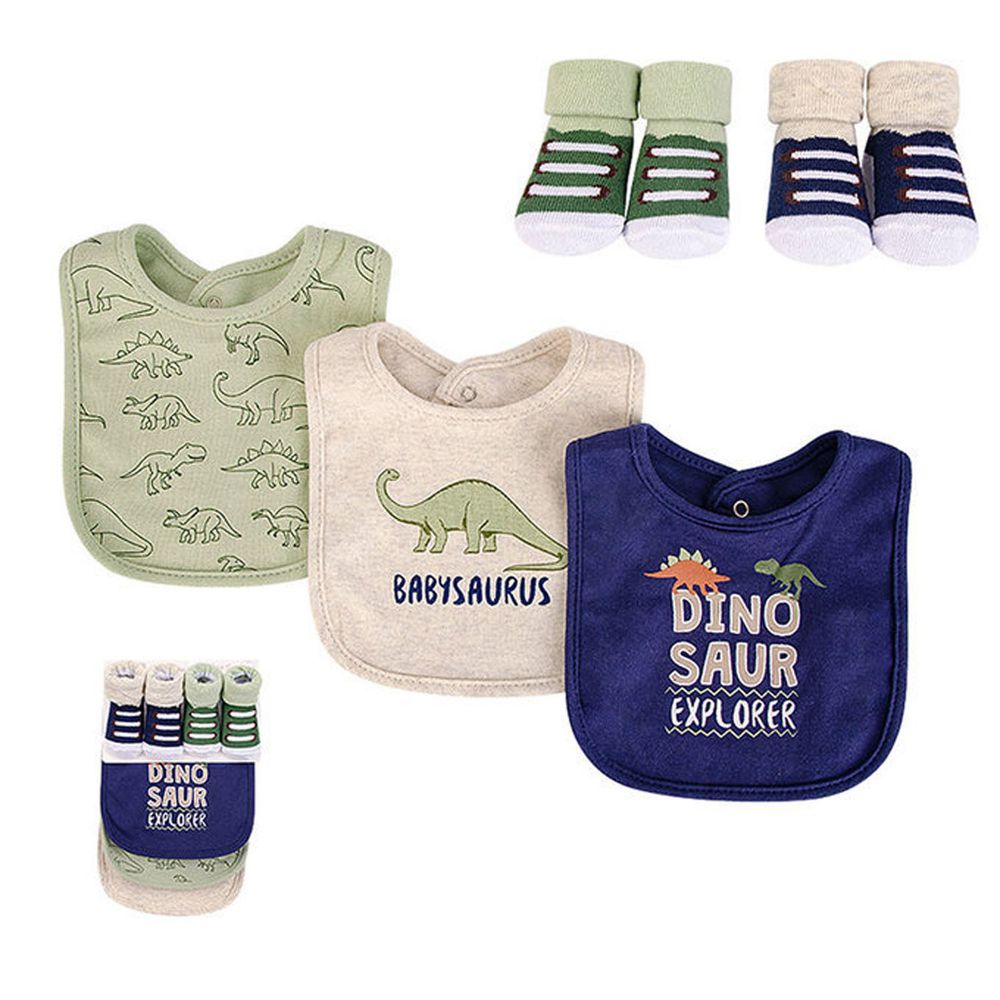 美國 luvable friends - 甜蜜寶貝嬰幼兒吸水口水巾圍兜與短襪組-恐龍探險家