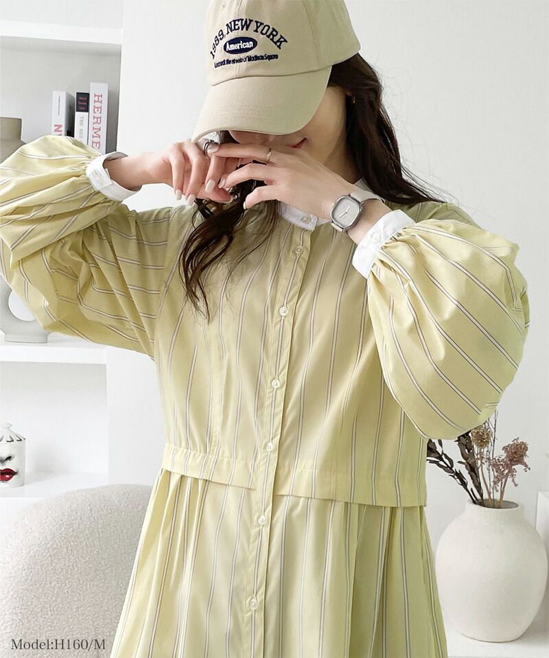 日本 Classical Elf - 修身立領泡泡袖襯衫洋裝-直條紋-海軍藍