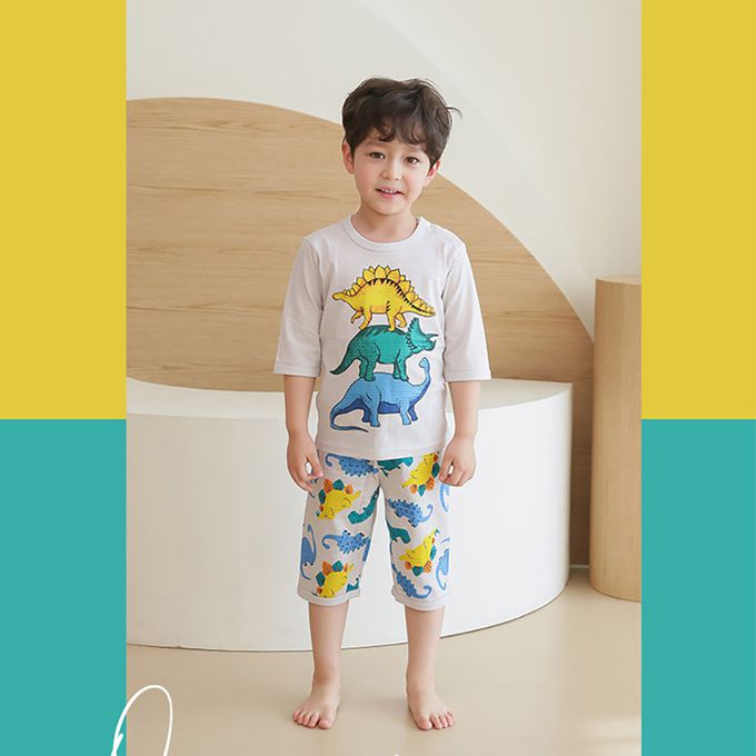 正韓 Puco - 超優質嬰幼兒/兒童七分袖100% 有機純棉家居服/睡衣-恐龍疊疊樂