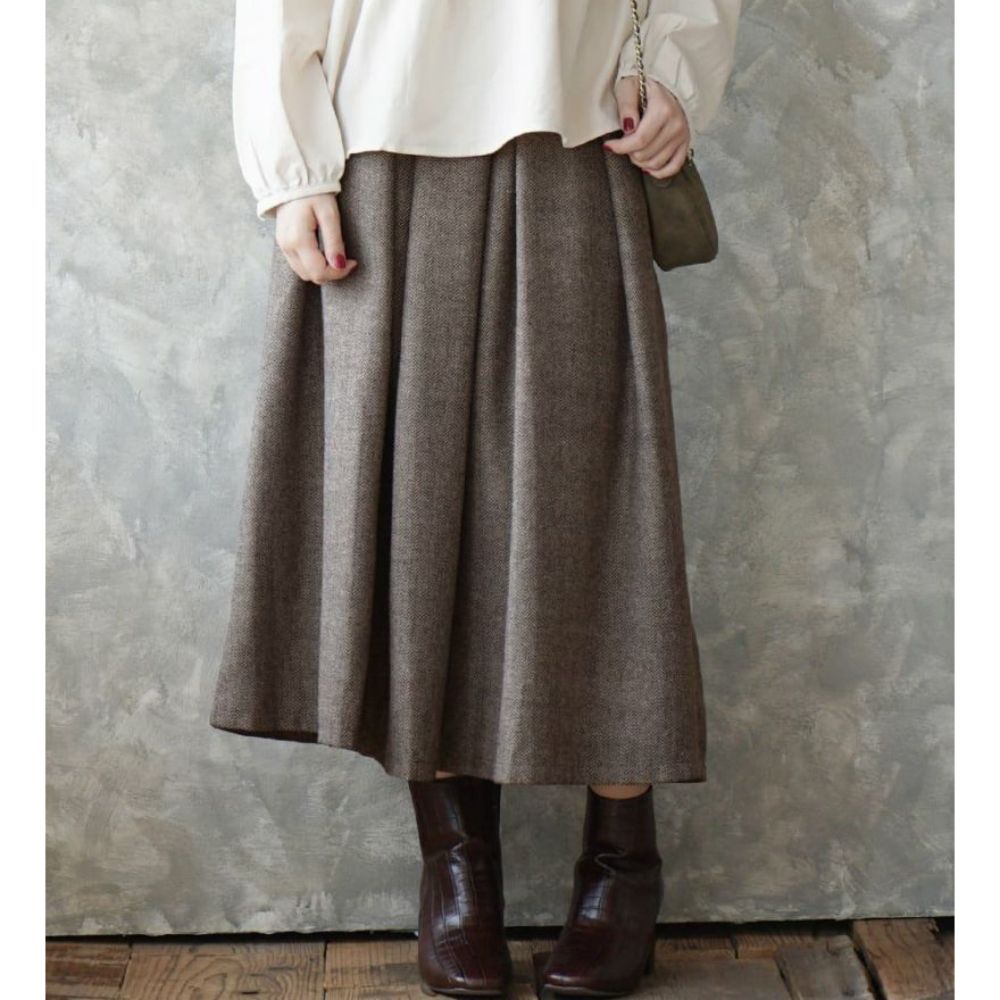 日本 zootie - 羊毛混紡層次打褶修身長裙-人字紋-深可可
