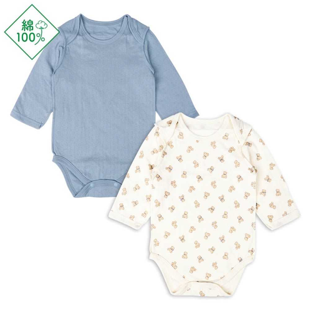 長袖包屁衣2件組-蓬鬆棉 套頭式 小熊-藍色