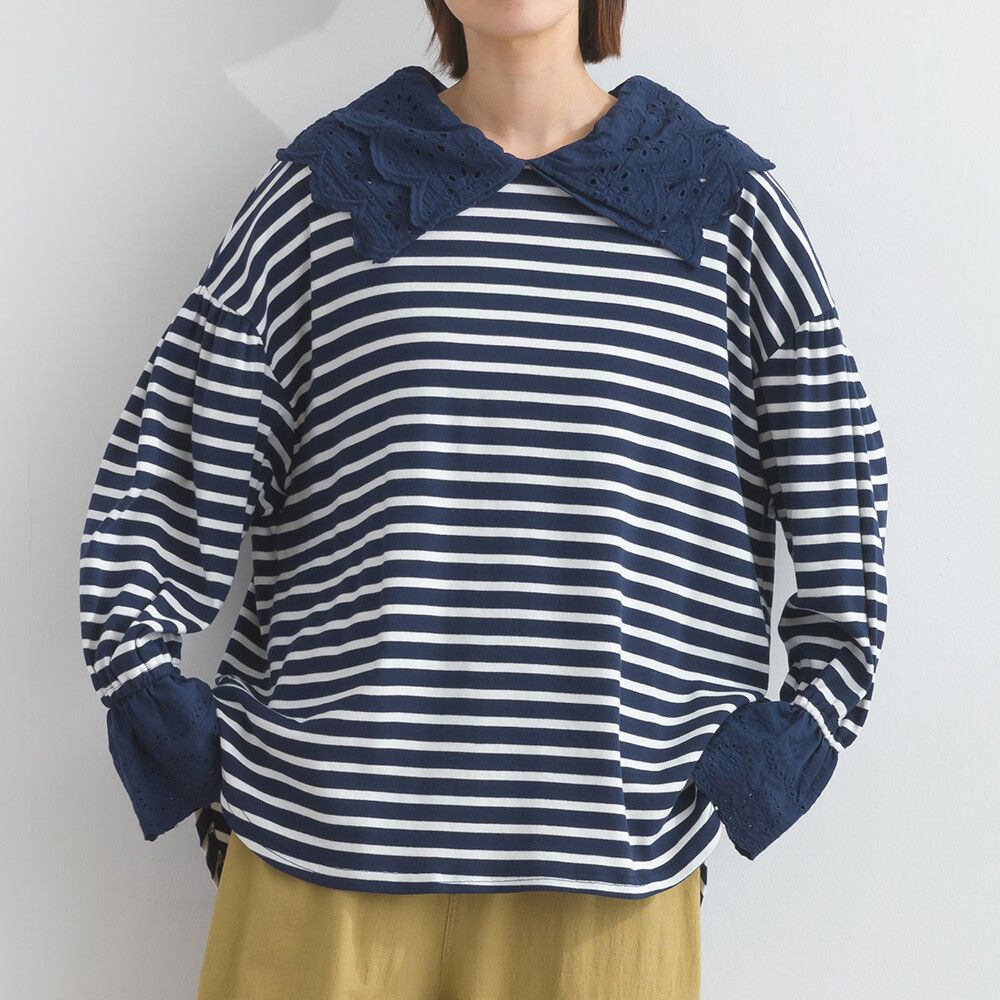 精緻蕾絲領落肩喇叭袖上衣-海軍藍條紋