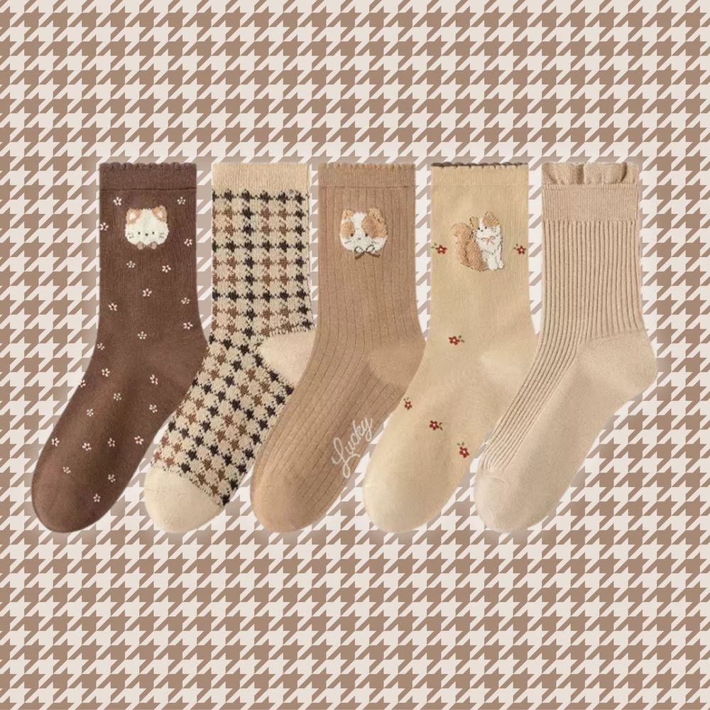 卡其毛毛花貓千鳥格中筒棉襪 (Free Size (腳長22 cm+))-5 雙一組