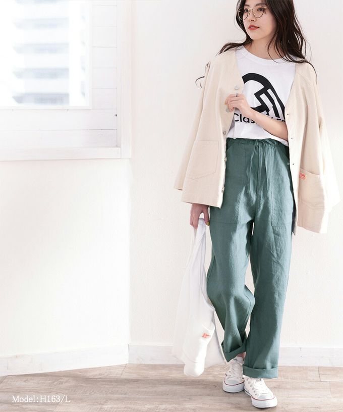 日本 Classical Elf - 100%亞麻透氣垂墜感抽繩寬褲-軍綠