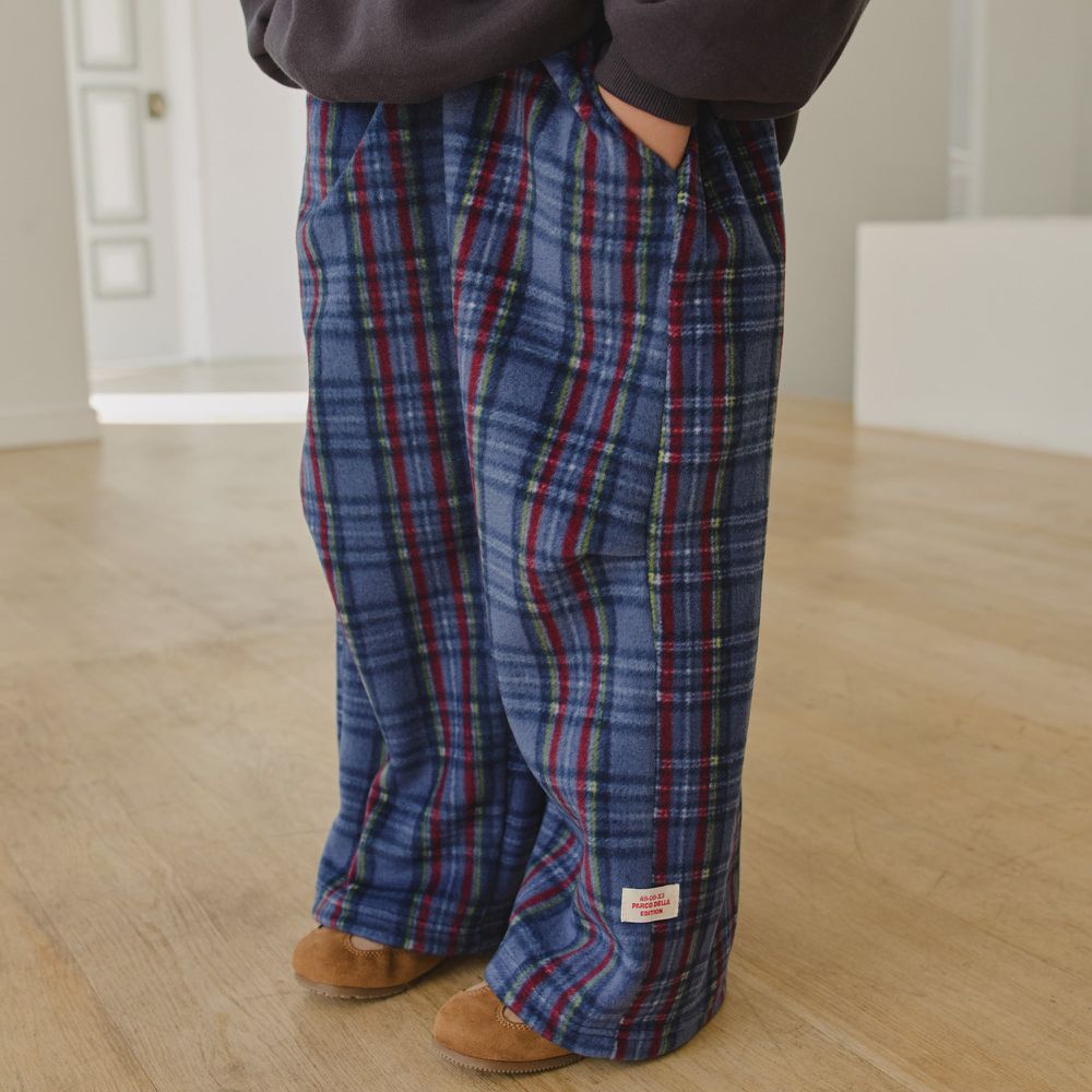 HIKIKI 鬆緊腰經典格紋毛呢感落地長褲-藍