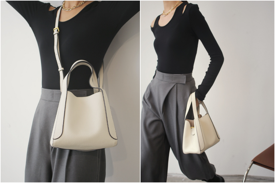 真皮斜跨小水桶包-附斜背帶-米白色 (21x12.5x18cm)