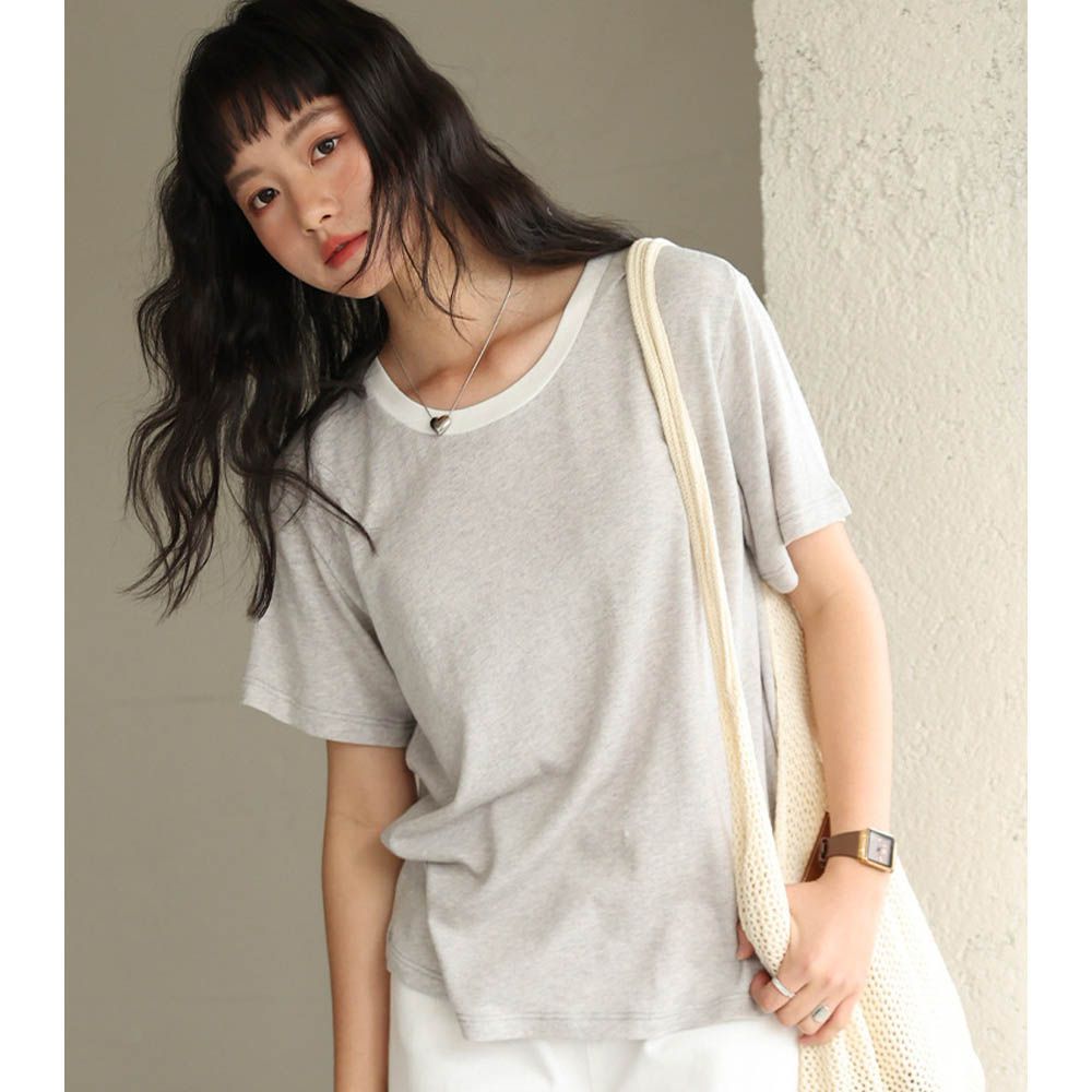 天絲亞麻撞色針織短袖上衣-織灰