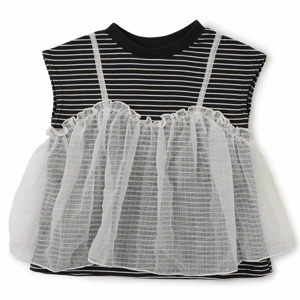 俏麗薄紗拼接法式袖上衣-條紋-黑x白