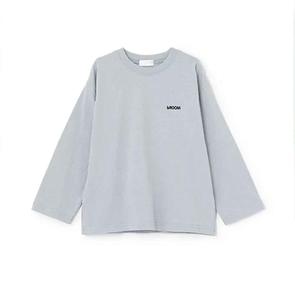 100%棉 簡約logo刺繡寬版長袖上衣-水藍