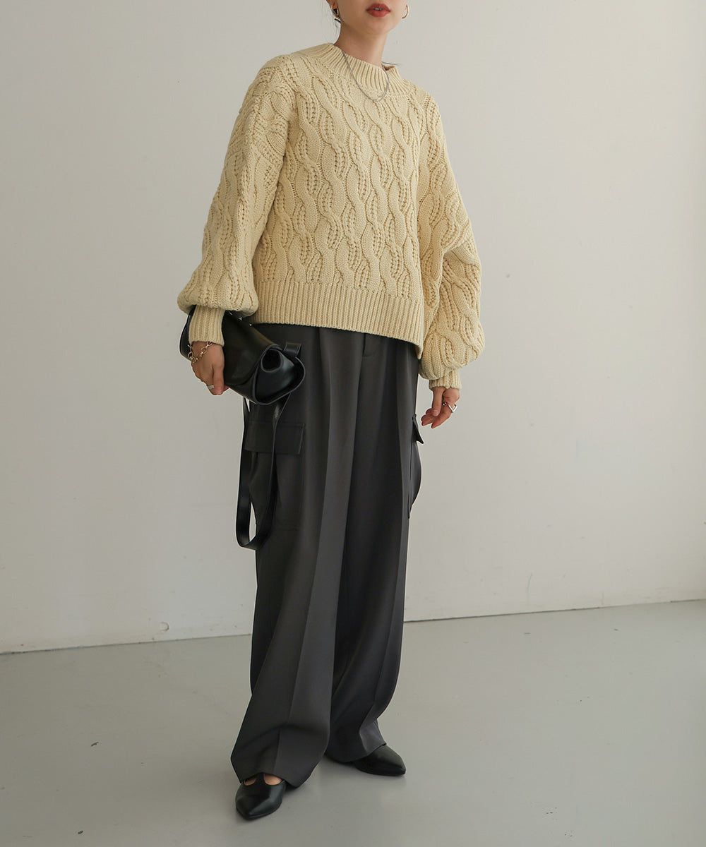 日本 Bab - 麻花編織圓領泡泡袖毛衣-粉膚