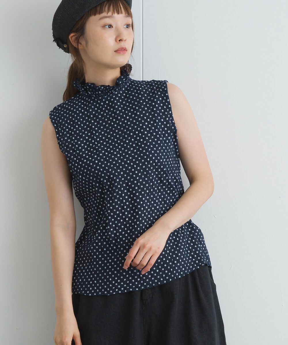 日本女裝代購 - 木耳領楊柳感無袖上衣-直條紋-深灰藍