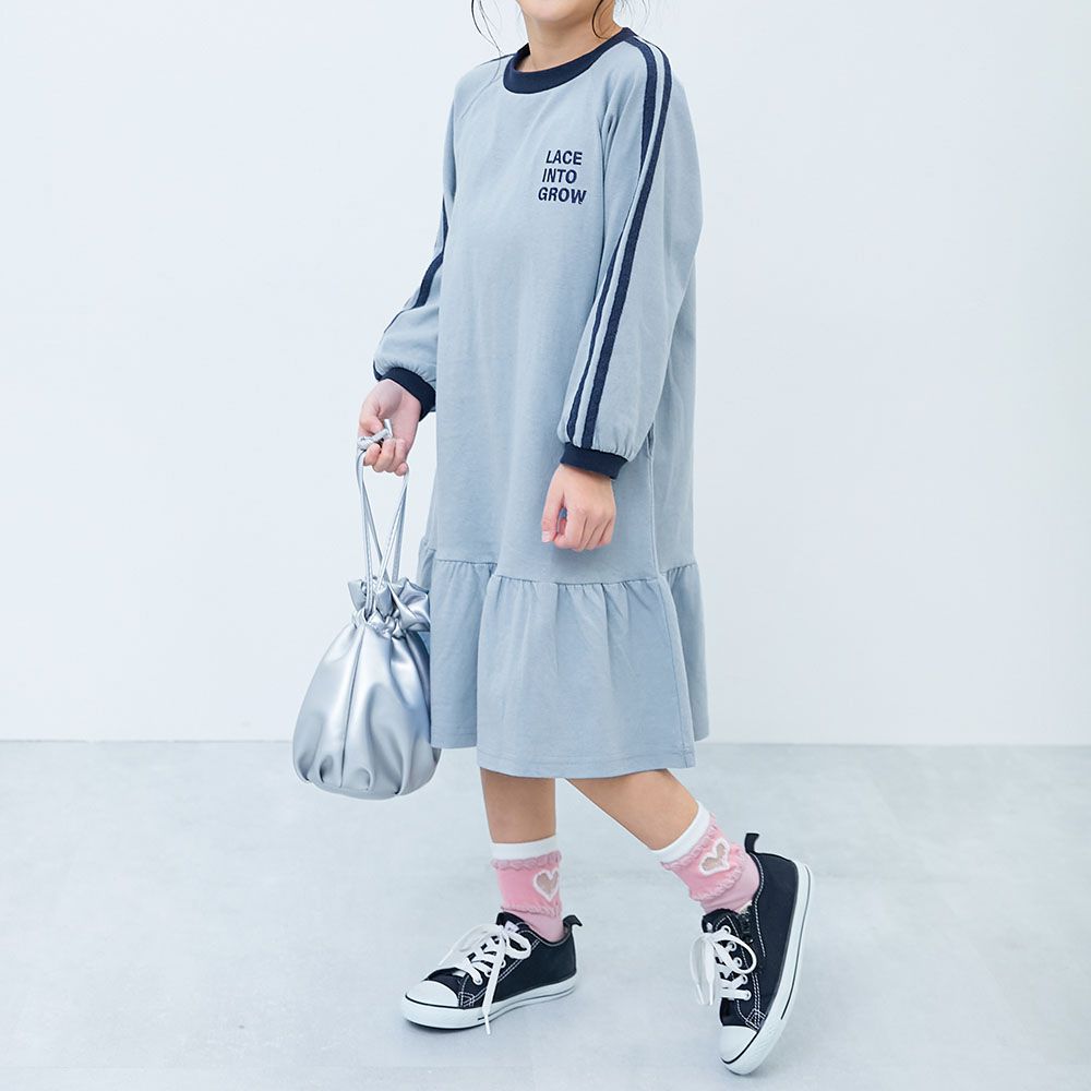 純棉運動風荷葉下擺長袖洋裝-煙燻藍