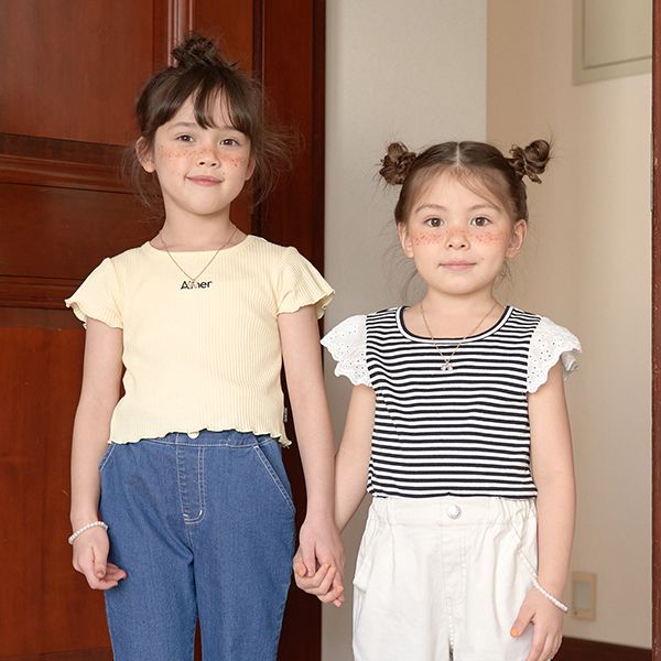 日本 Lycee mine - 羅紋俏皮蕾絲短袖上衣-黑