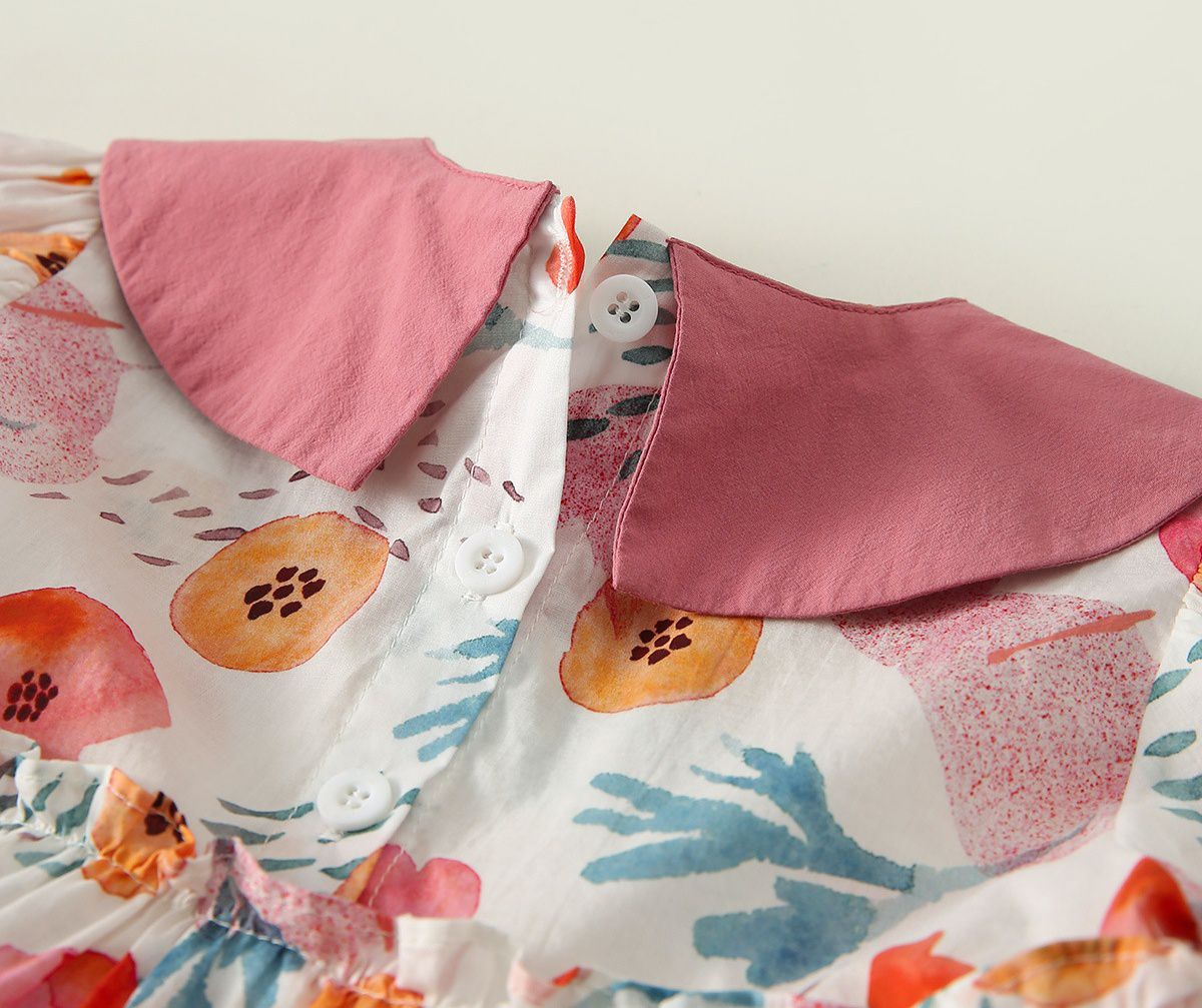 純棉公主袖連身洋裝-繽紛花花-粉+白