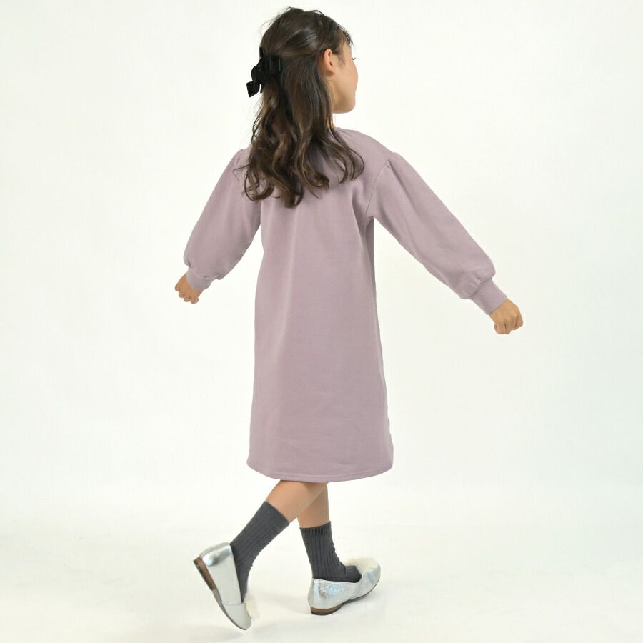 日本 evercloset - 浪漫花朵領刷毛長袖洋裝-薰衣草
