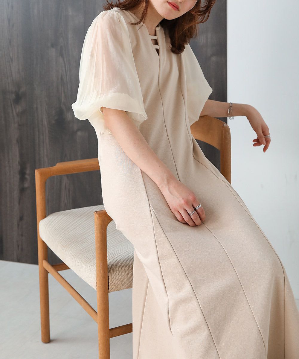 日本 Bab - 浪漫薄紗拼接泡泡袖洋裝-米杏