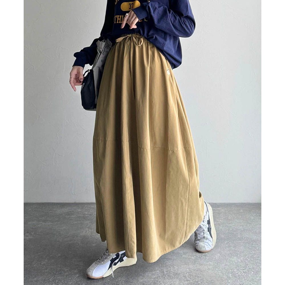 Java 桃皮磨毛感繭型蓬盈長裙(有口袋)-卡其