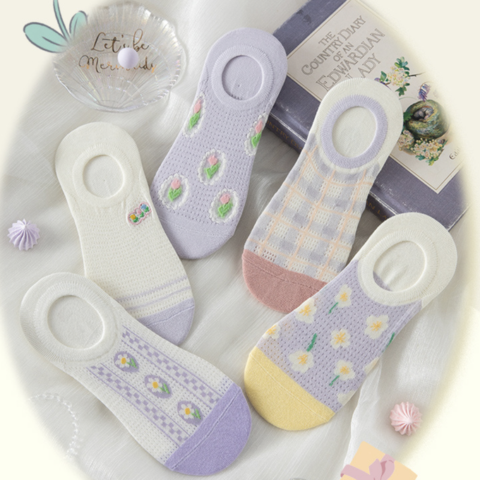 love, charlotte - 氣質淺紫小碎花防滑隱形棉襪 (XXL (22~24cm))-5 雙一組