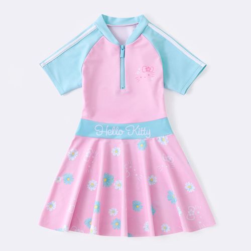 Hellokitty短袖連身泳裝-kitty與花花-粉+藍