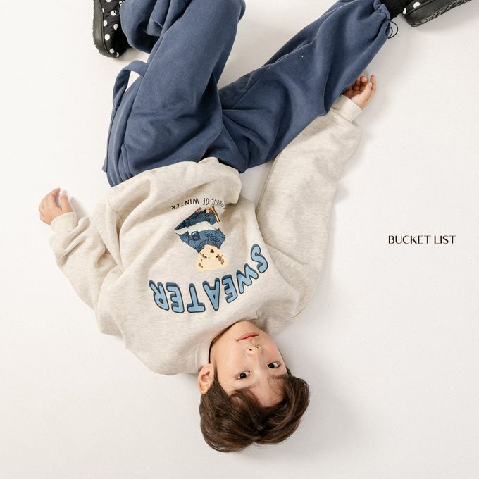 韓國 BUCKET LIST - (內磨毛)泰迪熊熊印長袖大學T-燕麥