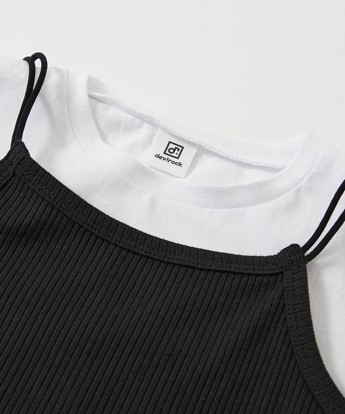 日本 devirock - 兩件式吊帶羅紋短袖洋裝-黑