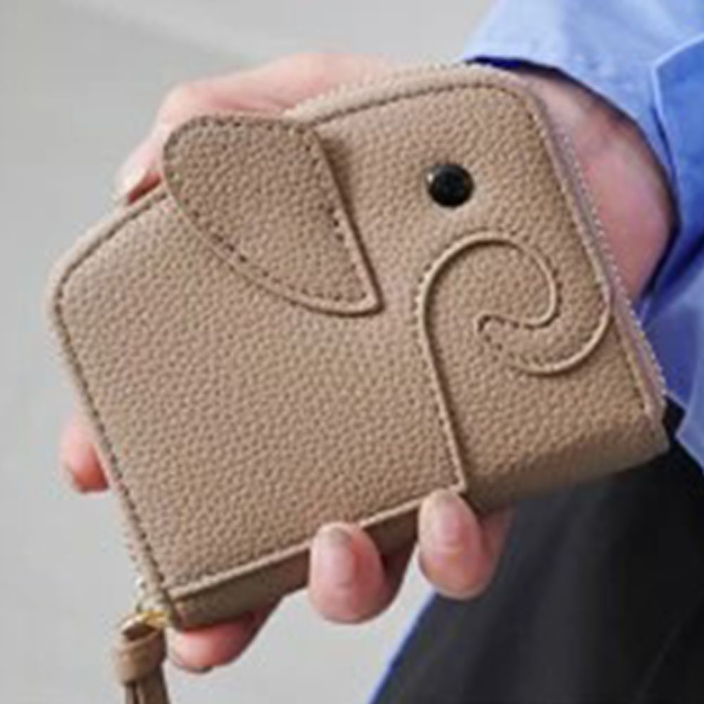 童趣大象輕巧真皮風琴式短夾-(防盜功能)-卡其棕x粉