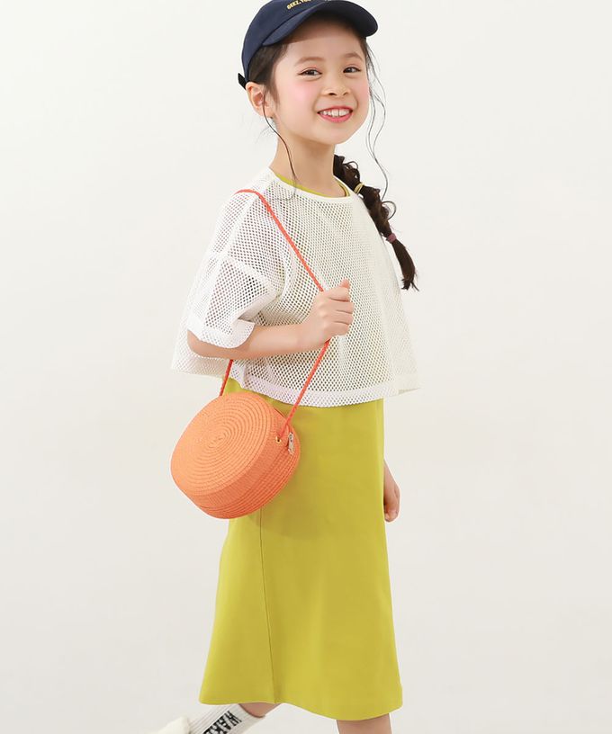 日本 devirock - 時尚女孩網格上衣+素色背心裙二件組-白x萊姆黃