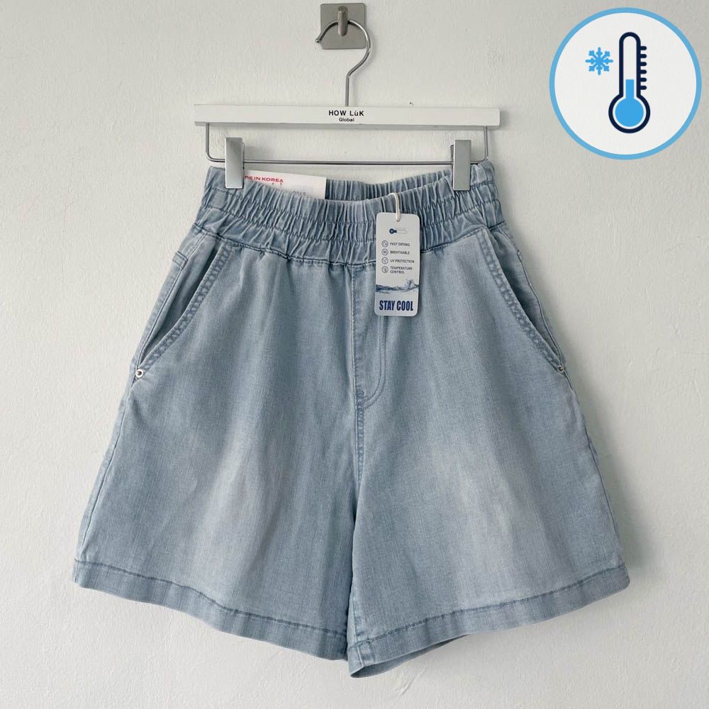 (涼感機能)鬆緊腰舒適丹寧短褲-淺藍