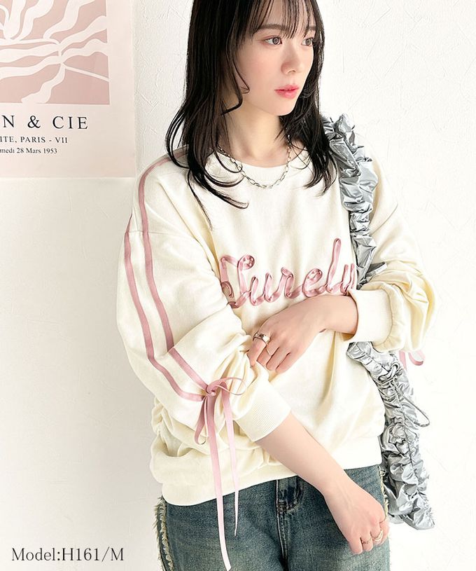 日本 Classical Elf - mily bilet 甜美袖蝴蝶結立體logo上衣-灰緞帶-燕麥灰