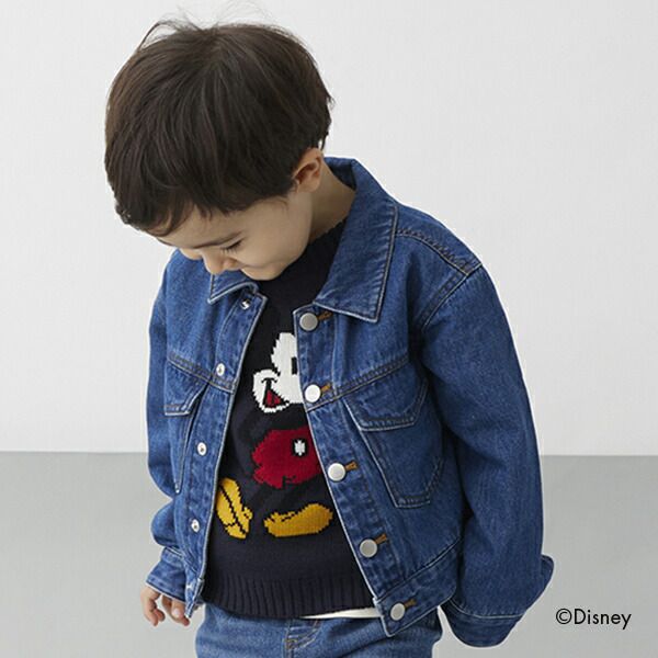日本 petit main - 聯名款 經典印花廓形牛仔夾克-卡通人物米奇米妮-丹寧藍