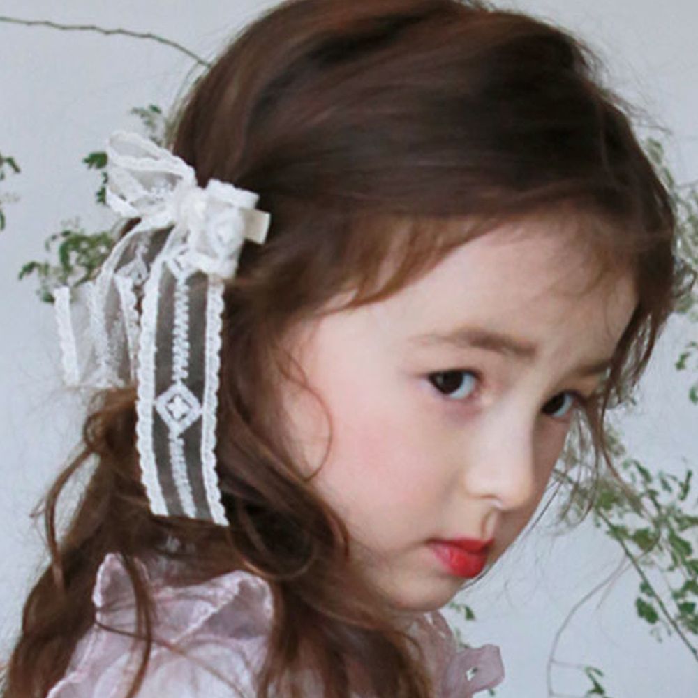 韓國 PuellaFLO - 菱格十字蕾絲蝴蝶結髮夾/髮飾-米