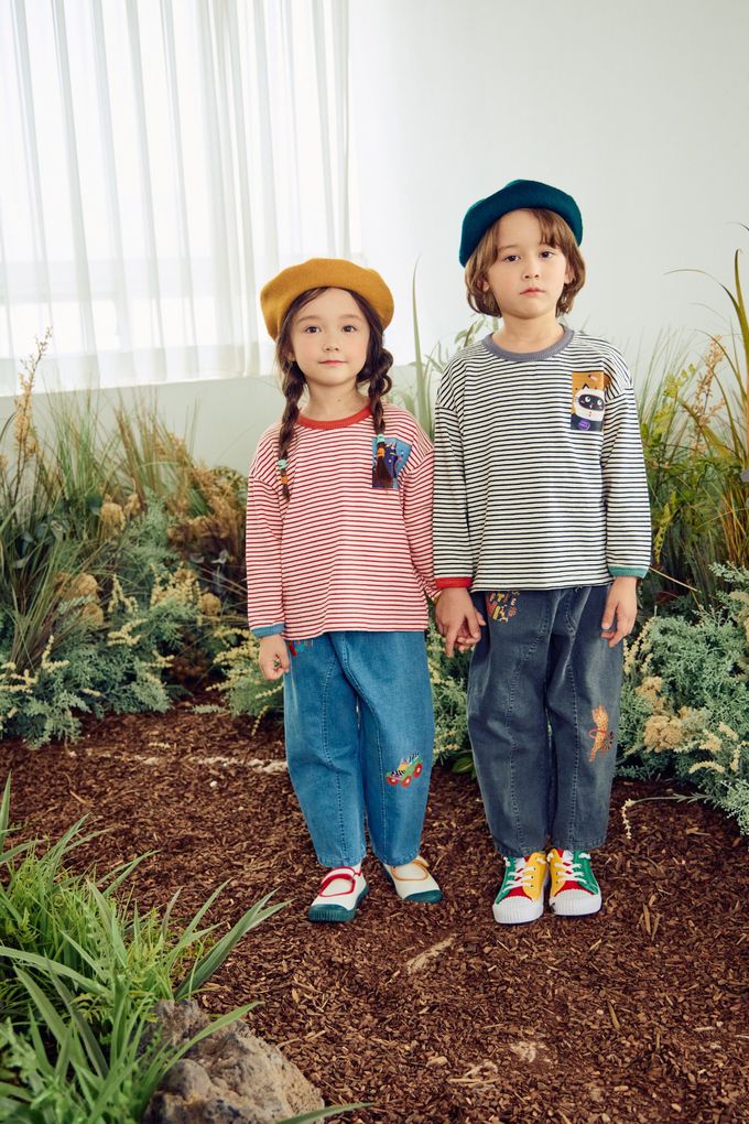 韓國 Mimico - 胸前童趣動物印橫紋長袖上衣-黑