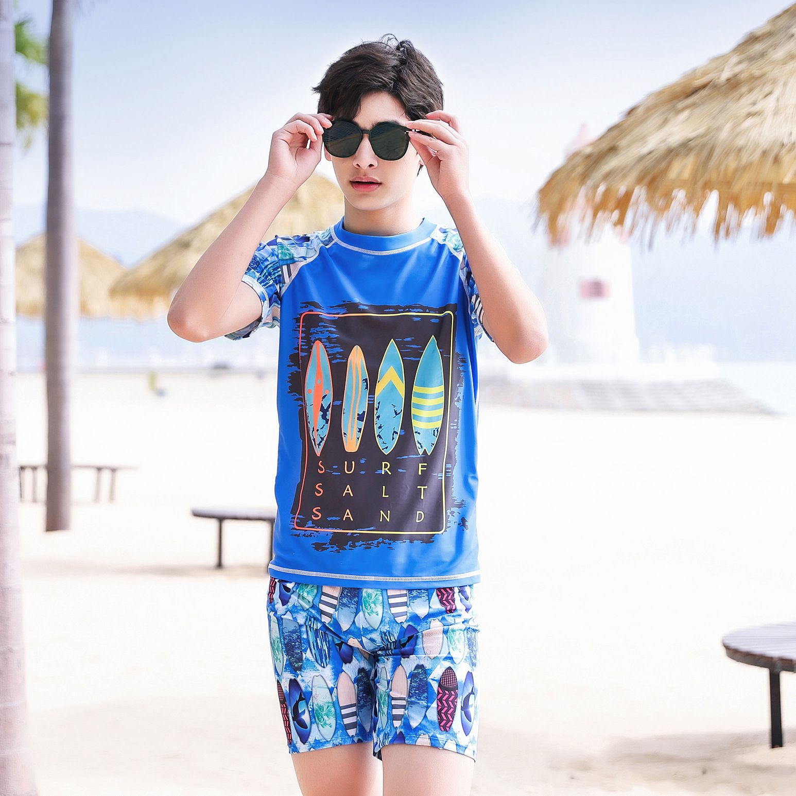 大童男孩短袖泳衣套裝(二件組)-衝浪板-藍色-泳衣、泳褲
