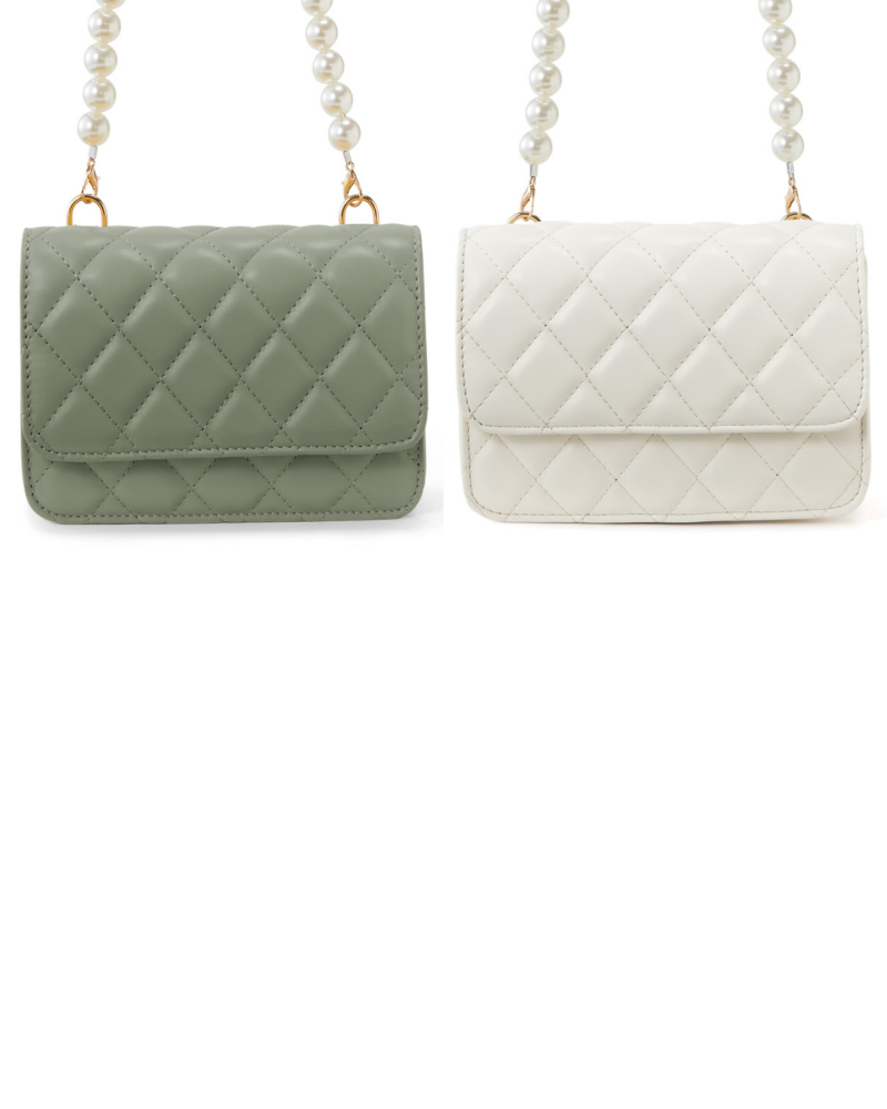 日本 GRL - 菱格紋珍珠鏈小方側背包-白