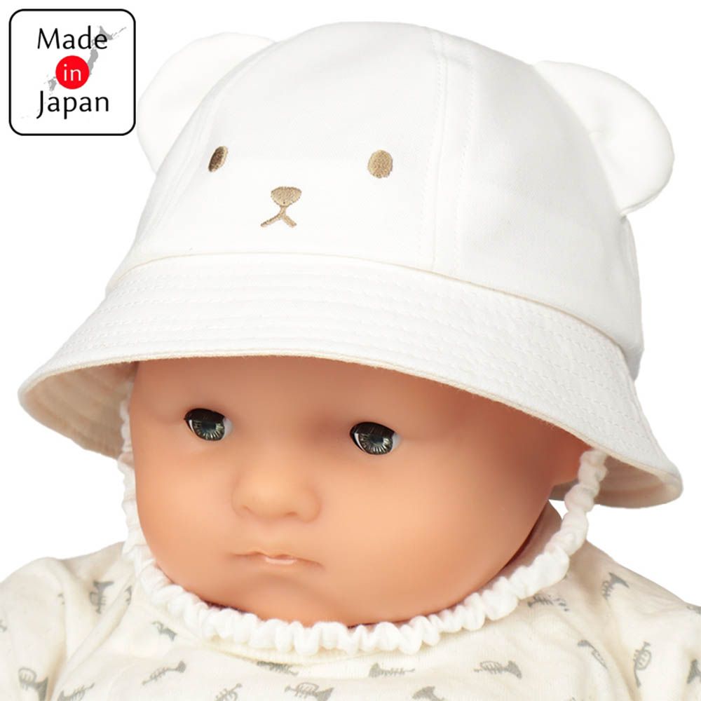 嬰幼兒反折帽-熊耳 星星-米白色-日本製