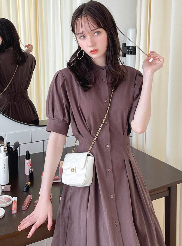 日本 GRL - 文藝氣息泡泡袖排釦洋裝-深藍