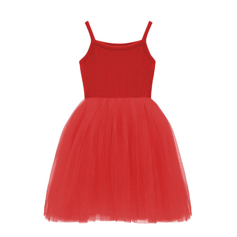 彈力螺紋細肩帶澎澎紗裙洋裝-紅色