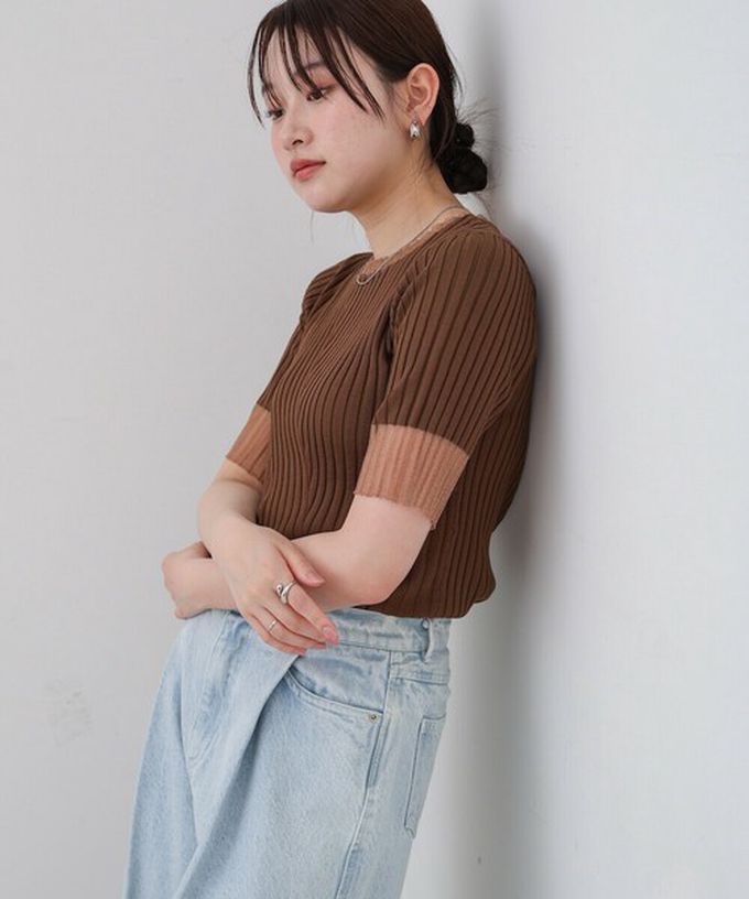 日本 Bab - 柔美異材質顯瘦羅紋五分袖上衣-炭灰