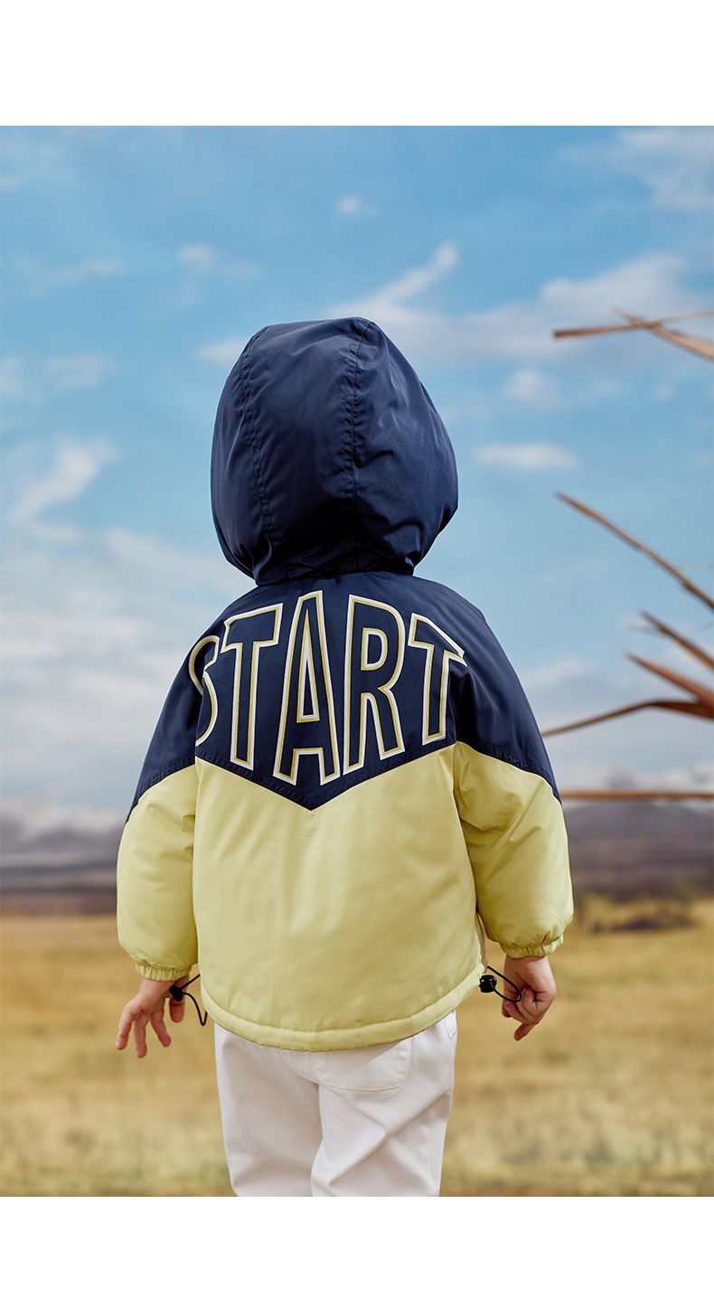 加厚連帽拼色羽絨外套-橘+綠