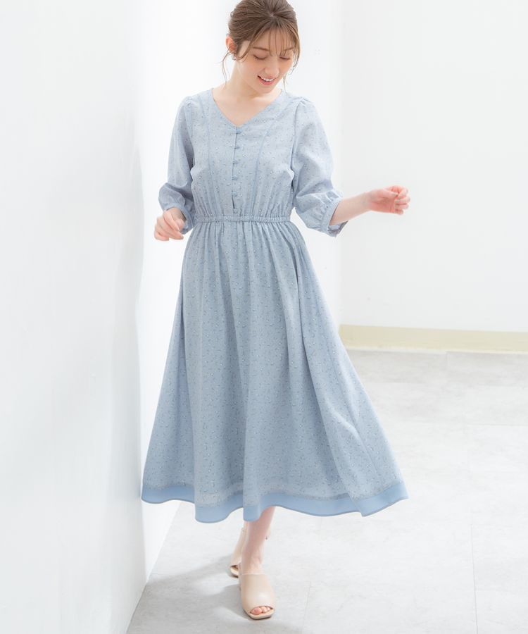 日本 Honeys - V領縮腰排釦七分袖雪紡洋裝-碎花-水藍