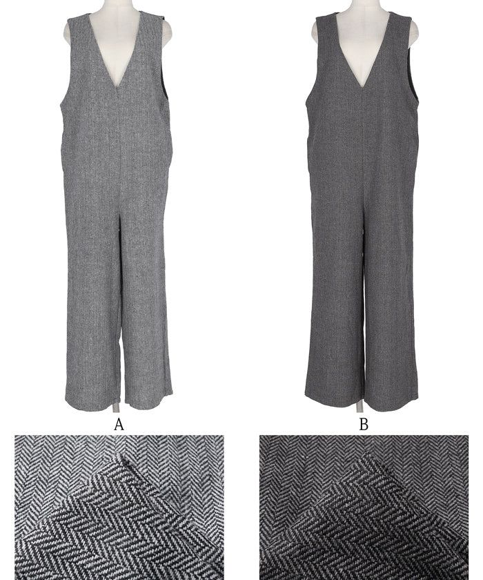 日本 COCA - 工裝率性V領連身吊帶褲-人字紋-淺灰