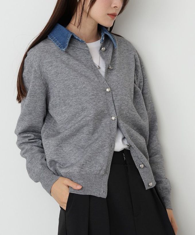 日本 Bab - 牛仔領時尚休閒感針織開襟衫-海軍藍