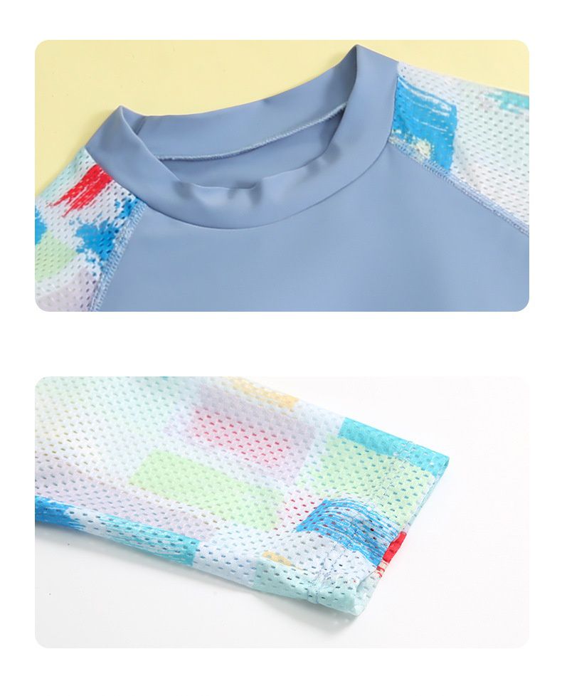 大童女孩速乾長袖泳衣套裝(三件組)-繽紛幾何-藍色-泳衣、長泳褲、短泳褲