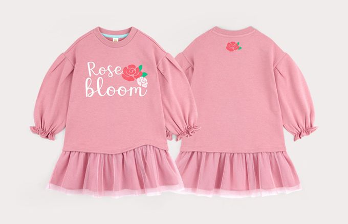 韓國 HEJMINI - (內刷毛)玫瑰印縮袖拼接網紗洋裝-粉