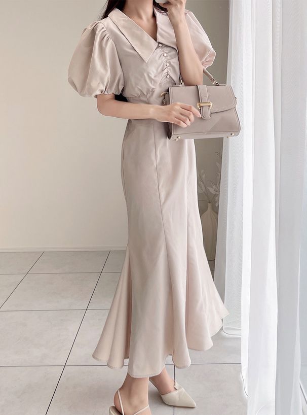 日本 GRL - 優雅翻領澎澎袖魚尾洋裝-淺米杏