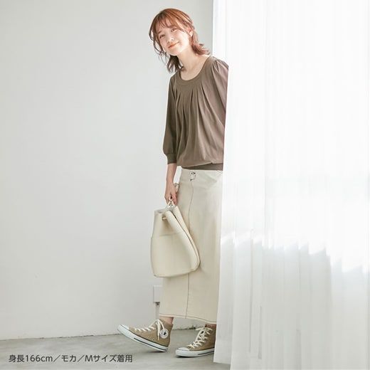 日本 BELLUNA - 100%棉柔軟抓皺長袖上衣-海軍藍