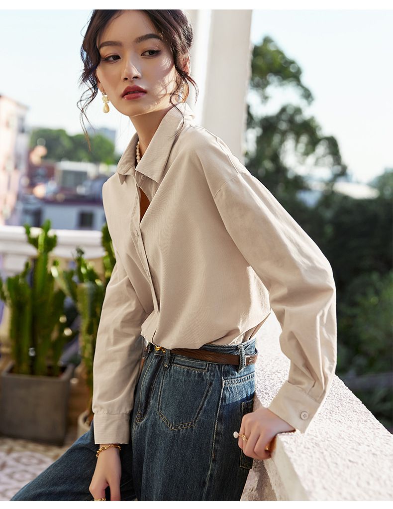 法式溫柔純色基礎長袖襯衫-咖啡色