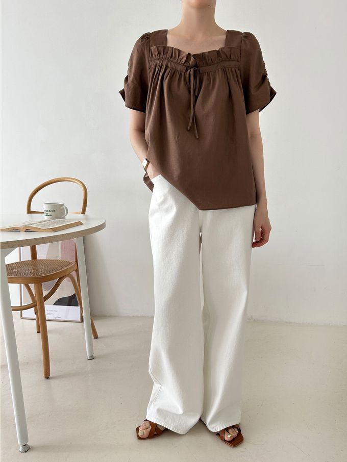 韓國女裝連線 - 波浪方領棉麻短袖上衣-白 (FREE)