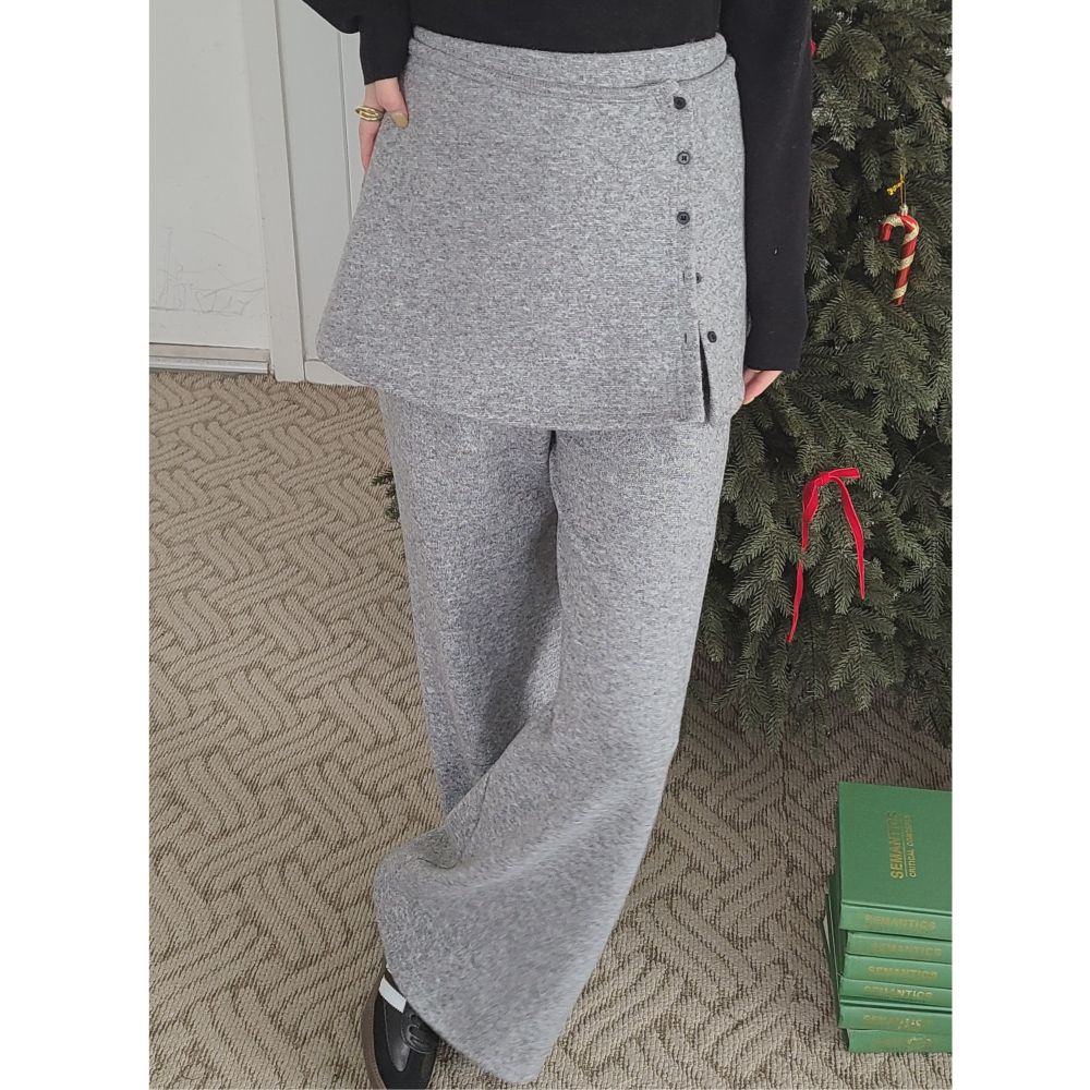 鬆緊腰造型遮臀小喇叭修身長褲-淺灰 (FREE)